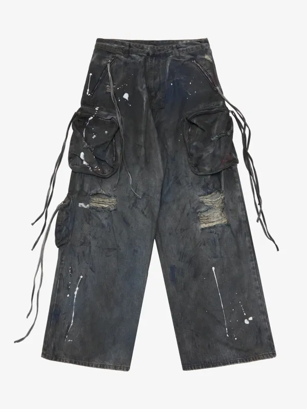Heavy Dirty Dyed Multi-Pocket Drawstring Work Jeans sold by Thesupermade