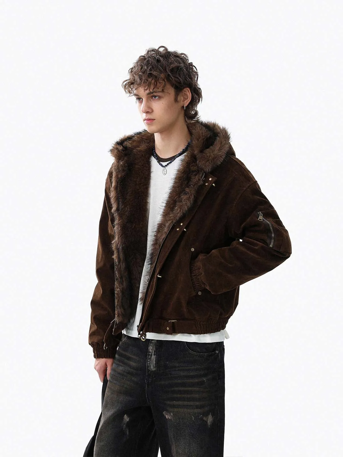Streetwear Metal Clip Faux Fur Hooded Suede Bomber Jacket - 2597 sold by Thesupermade product image thumbnail 5