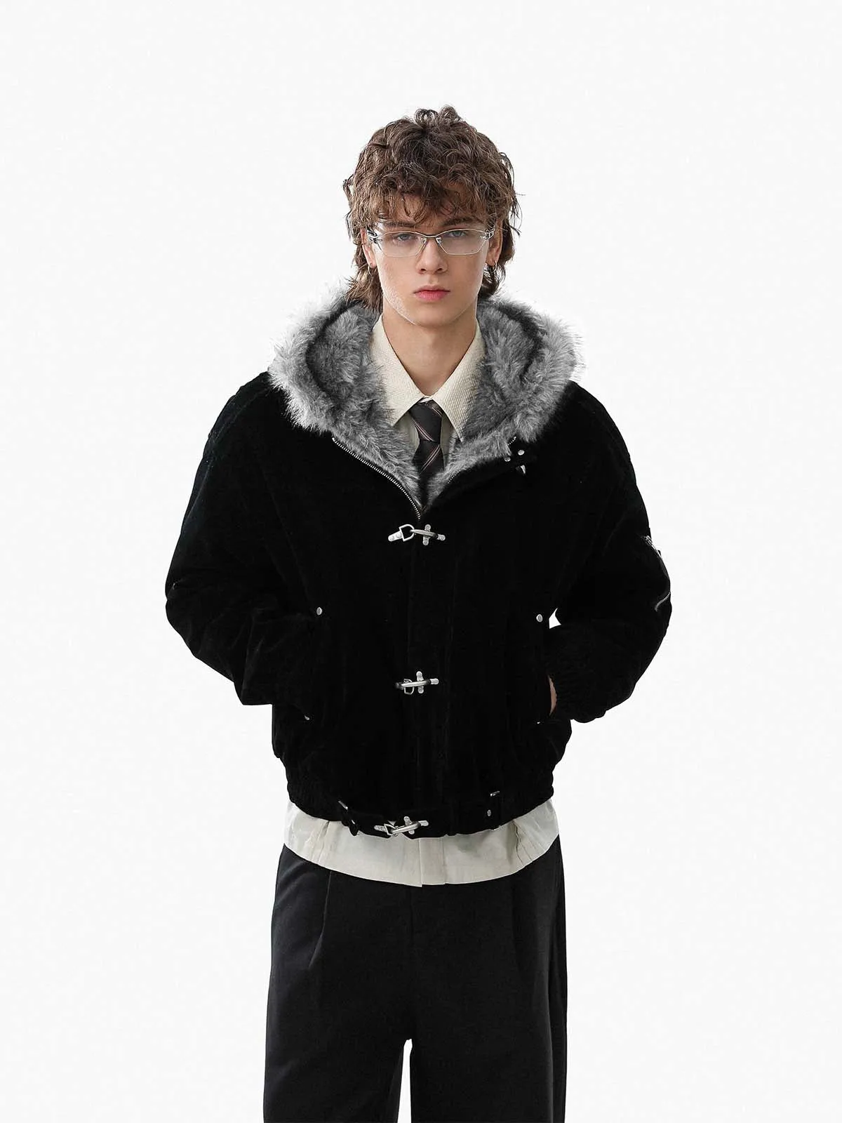Streetwear Metal Clip Faux Fur Hooded Suede Bomber Jacket - 2597 sold by Thesupermade product image thumbnail 3