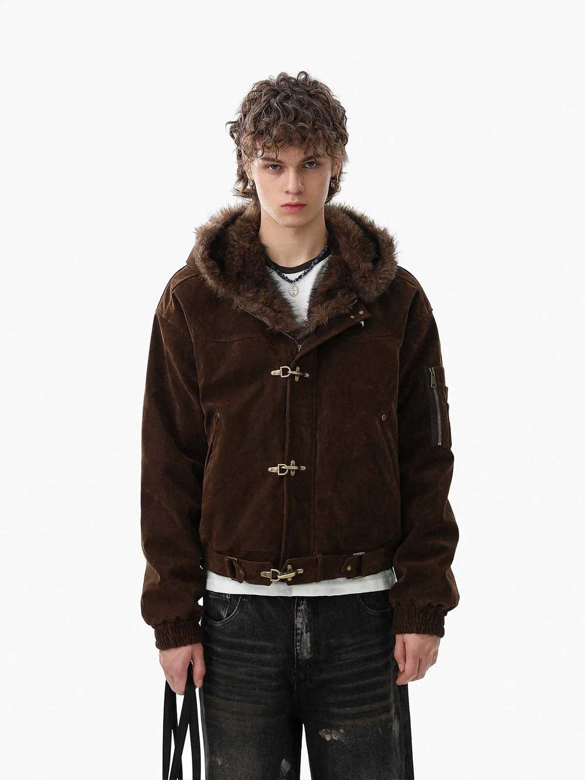 Streetwear Metal Clip Faux Fur Hooded Suede Bomber Jacket - 2597 sold by Thesupermade product image thumbnail 4