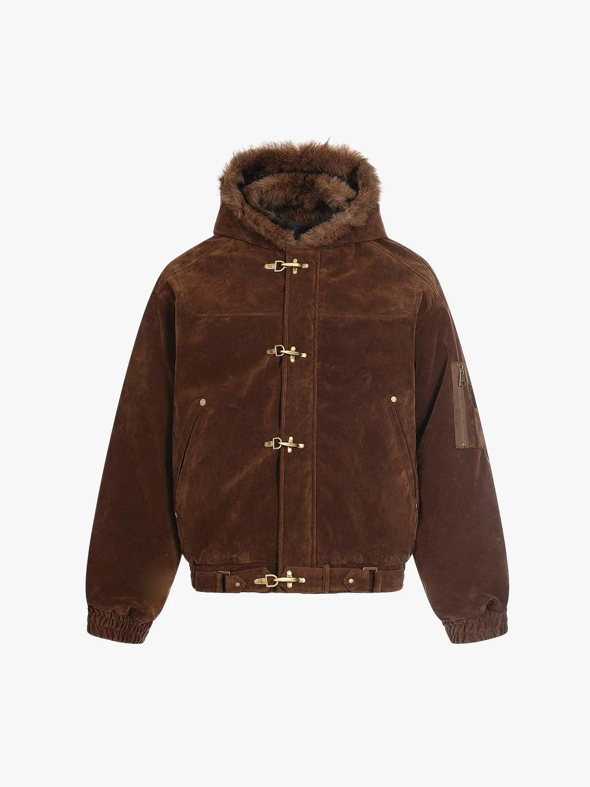 Streetwear Metal Clip Faux Fur Hooded Suede Bomber Jacket - 2597 sold by Thesupermade product image thumbnail 2