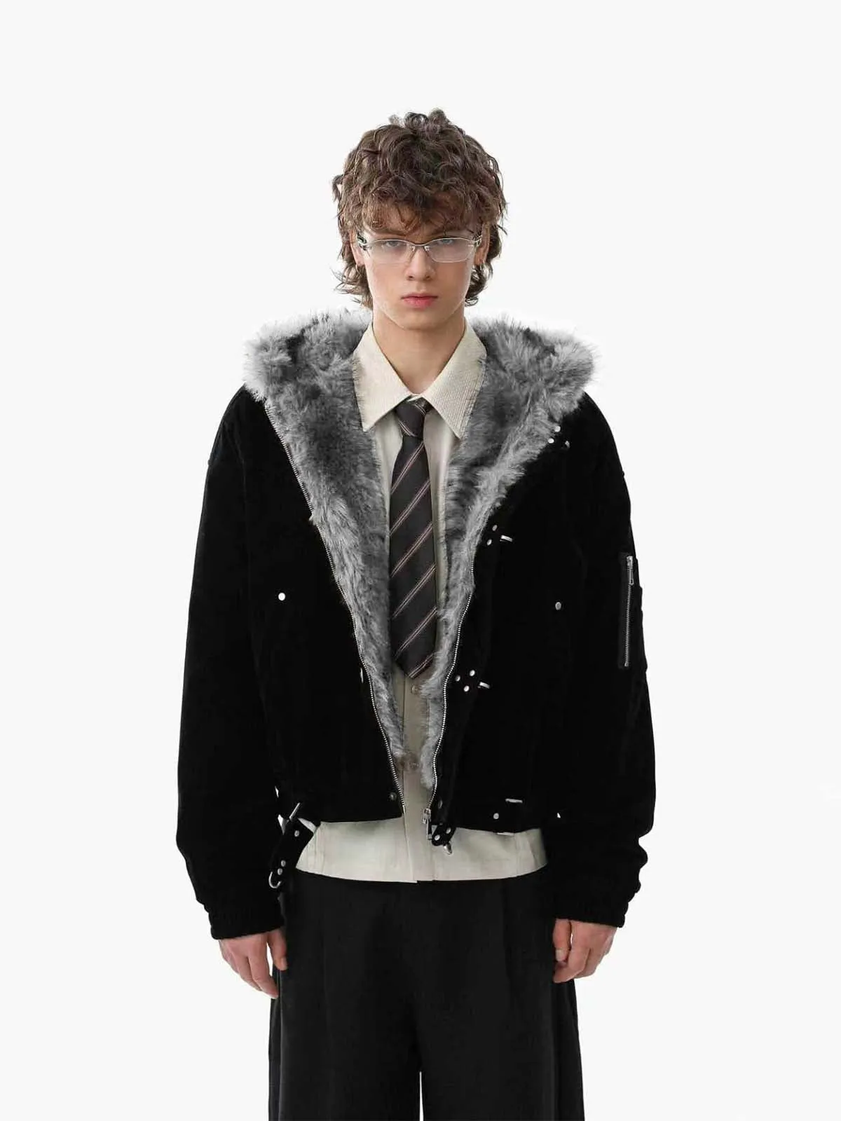 Streetwear Metal Clip Faux Fur Hooded Suede Bomber Jacket - 2597 sold by Thesupermade
