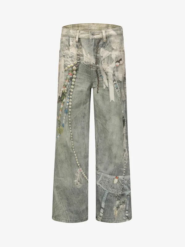 Retro Artistic Beaded Collage Print Straight Jeans sold by Thesupermade