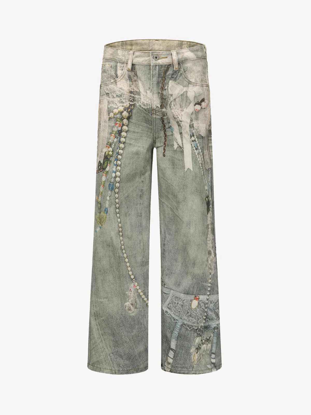 Retro Artistic Beaded Collage Print Straight Jeans sold by Thesupermade