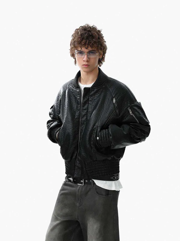 Street Functional PU Leather Workwear Bomber Jacket sold by Thesupermade
