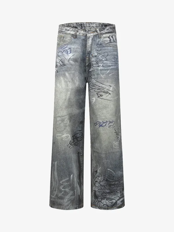Vintage Graffiti Scribble Wash Straight Leg Jeans sold by Thesupermade