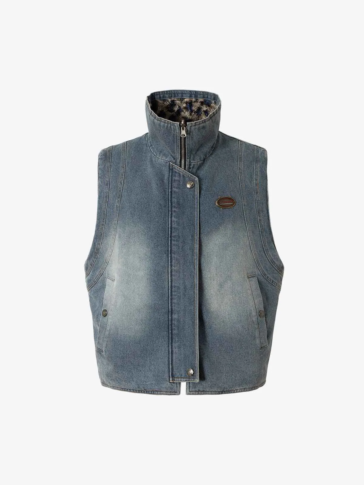 Retro Leopard Faux Fur Reversible Distressed Denim Vest sold by Thesupermade product image thumbnail 2