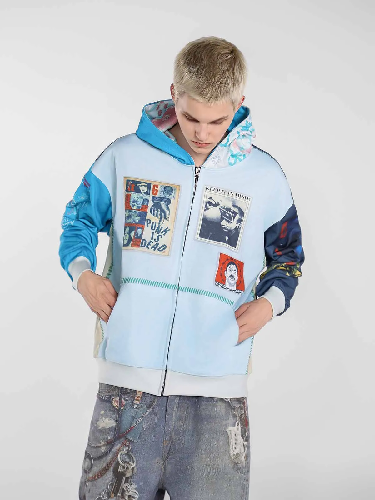 Streetwear Patchwork Graphic Zip Up Hoodie sold by Thesupermade product image thumbnail 3