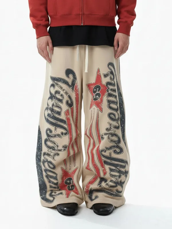 Vintage Color-Blocked Letter Print Fleece-Lined Sweatpants sold by Thesupermade