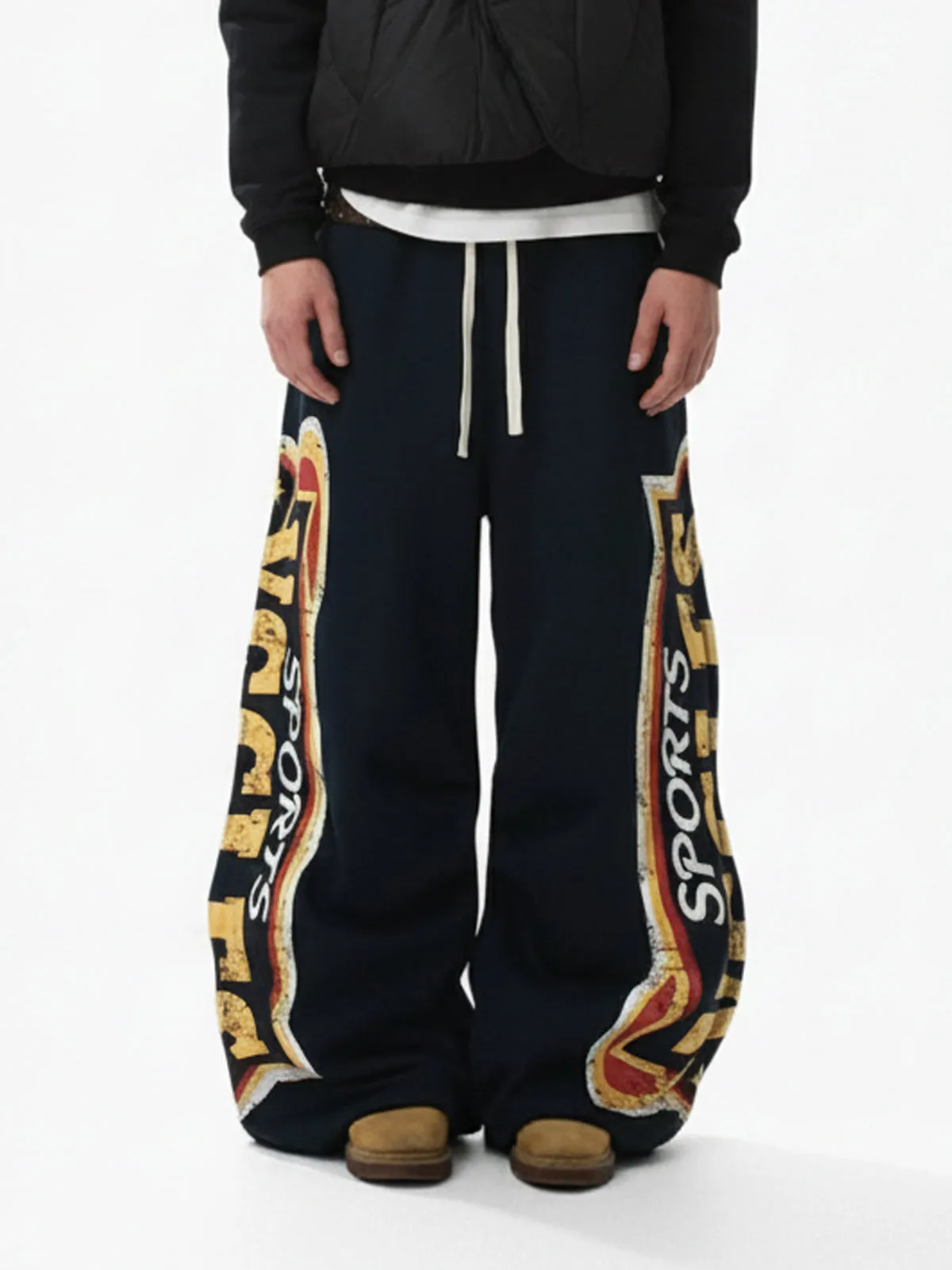 Street High-Contrast Wide-Leg Black Yellow Fleece Sweatpants sold by Thesupermade