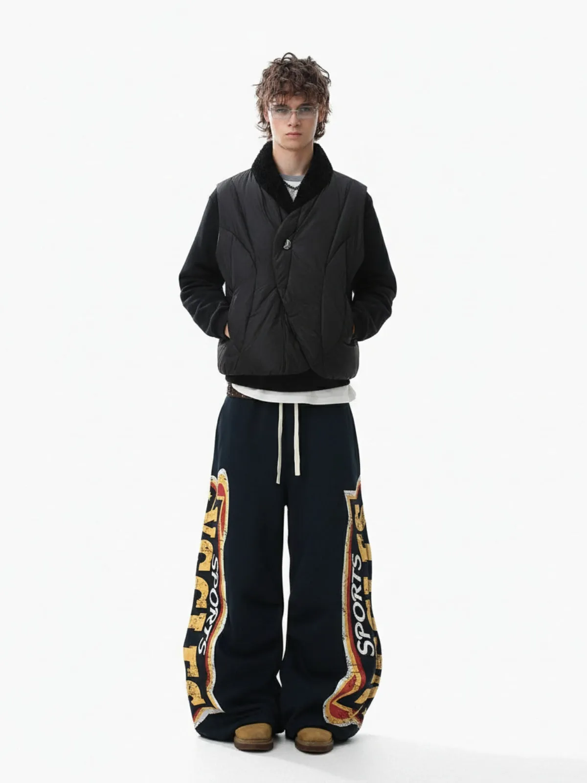 Street High-Contrast Wide-Leg Black Yellow Fleece Sweatpants sold by Thesupermade product image thumbnail 3
