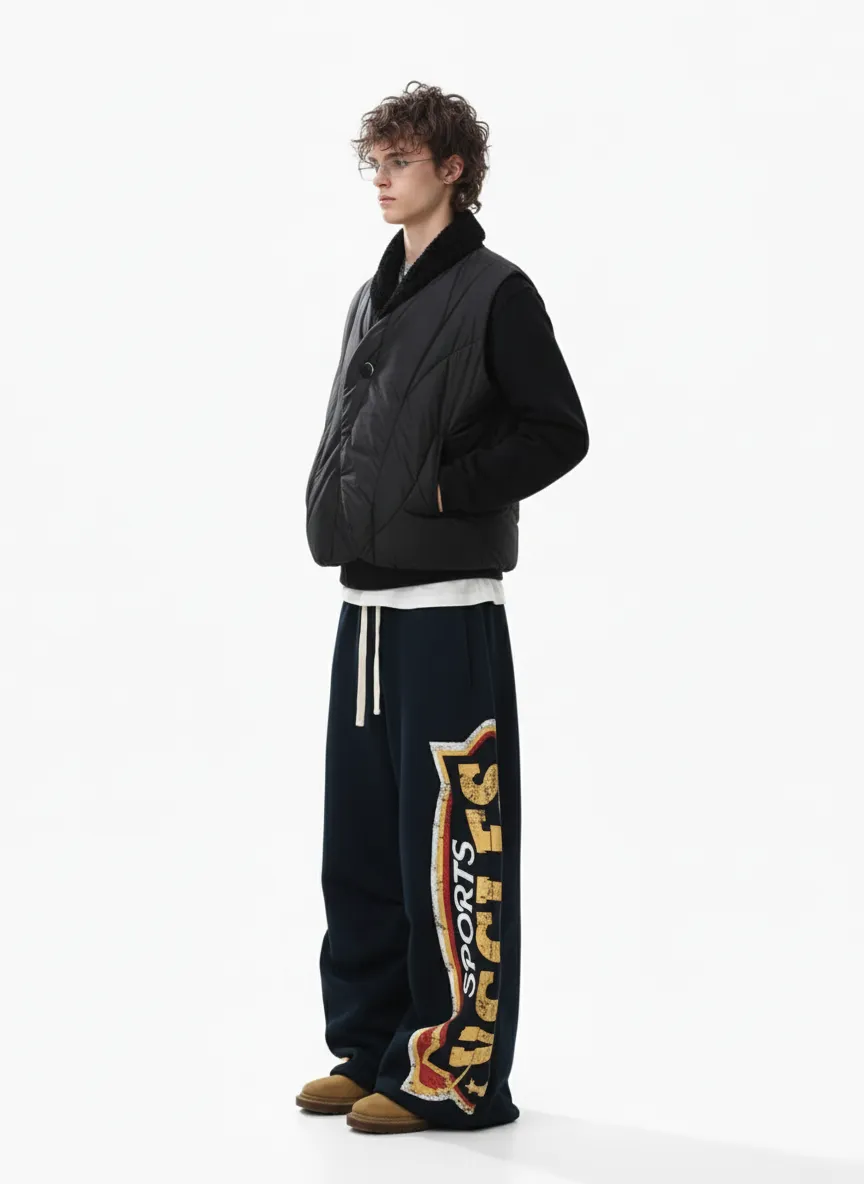 Street High-Contrast Wide-Leg Black Yellow Fleece Sweatpants sold by Thesupermade product image thumbnail 5