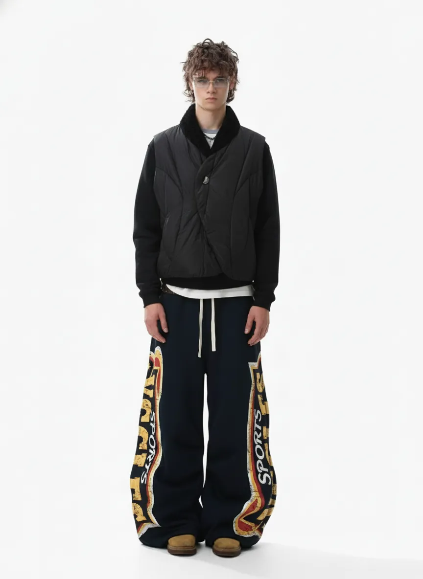 Street High-Contrast Wide-Leg Black Yellow Fleece Sweatpants sold by Thesupermade product image thumbnail 4