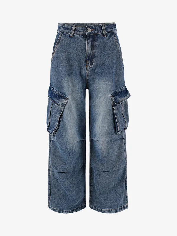 Retro Washed Cargo Multi-Pocket Straight Jeans sold by Thesupermade