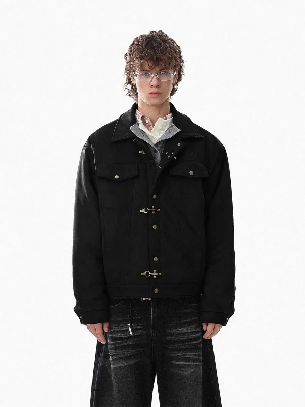 Retro Suede Asymmetric Buckle Design Down Jacket sold by Thesupermade