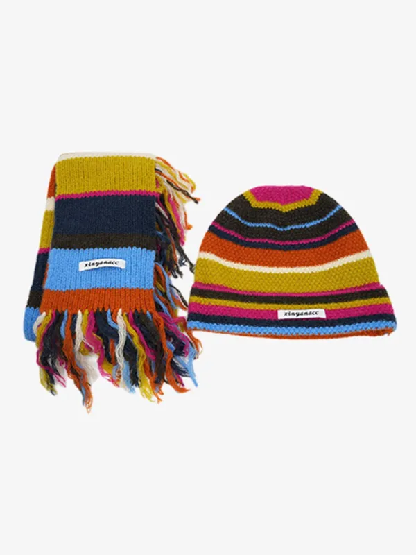 Retro Multicolor Striped Knit Beanie Scarf Set sold by Thesupermade