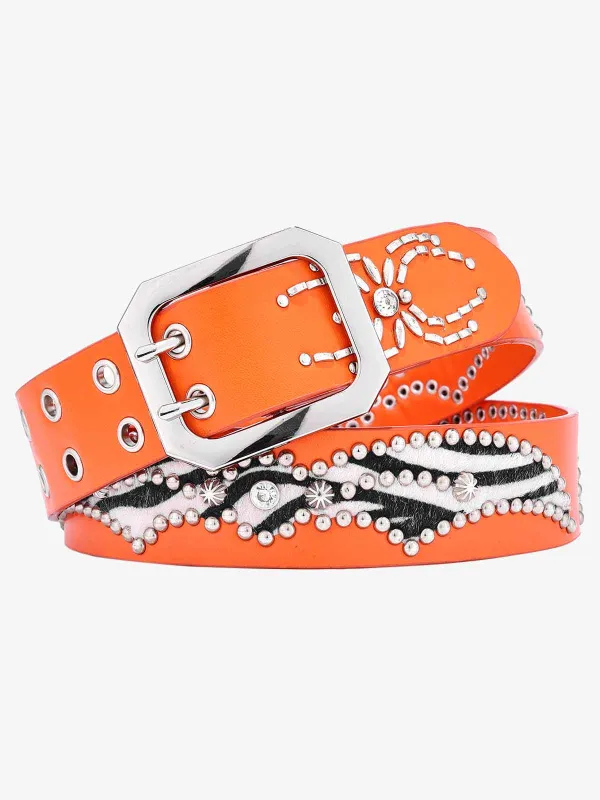 Retro Studded Zebra Pattern Wide Leather Belt sold by Thesupermade