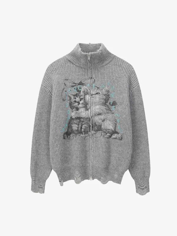 Retro Distressed Cat Print Ribbed Zip-Up High-Neck Sweater sold by Thesupermade