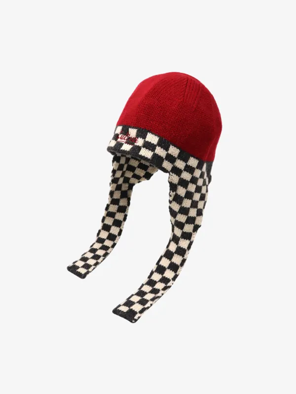 Retro Checkerboard Knit Color-Block Earflap Beanie Hat sold by Thesupermade
