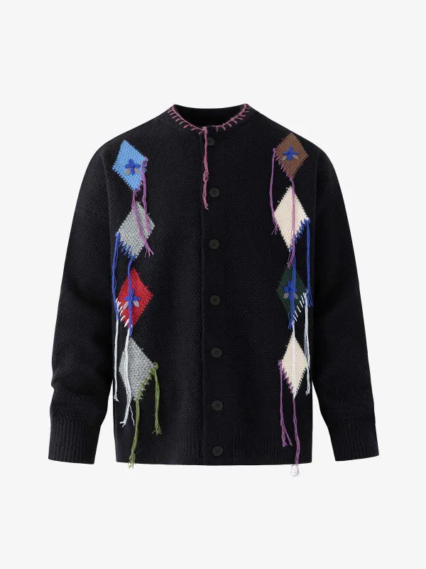 Vintage Patchwork Diamond Knit Fringe Button-Up Cardigan sold by Thesupermade