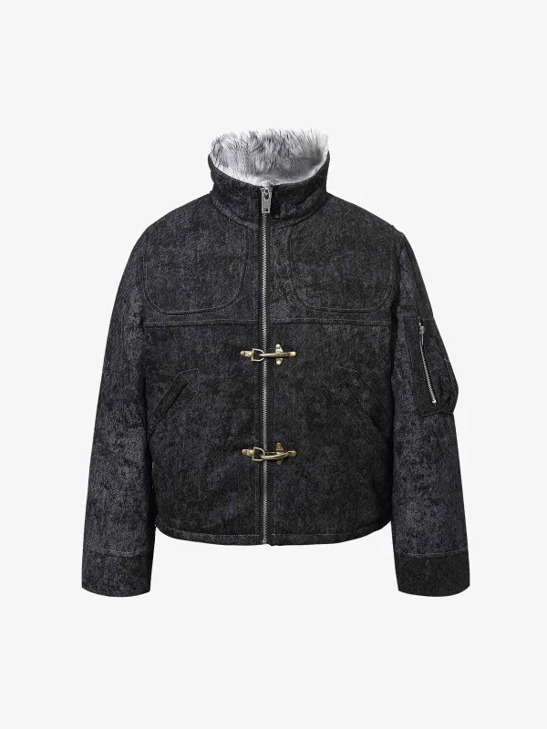 Vintage Metal Buckle Faux Fur Trim Padded Denim Jacket sold by Thesupermade