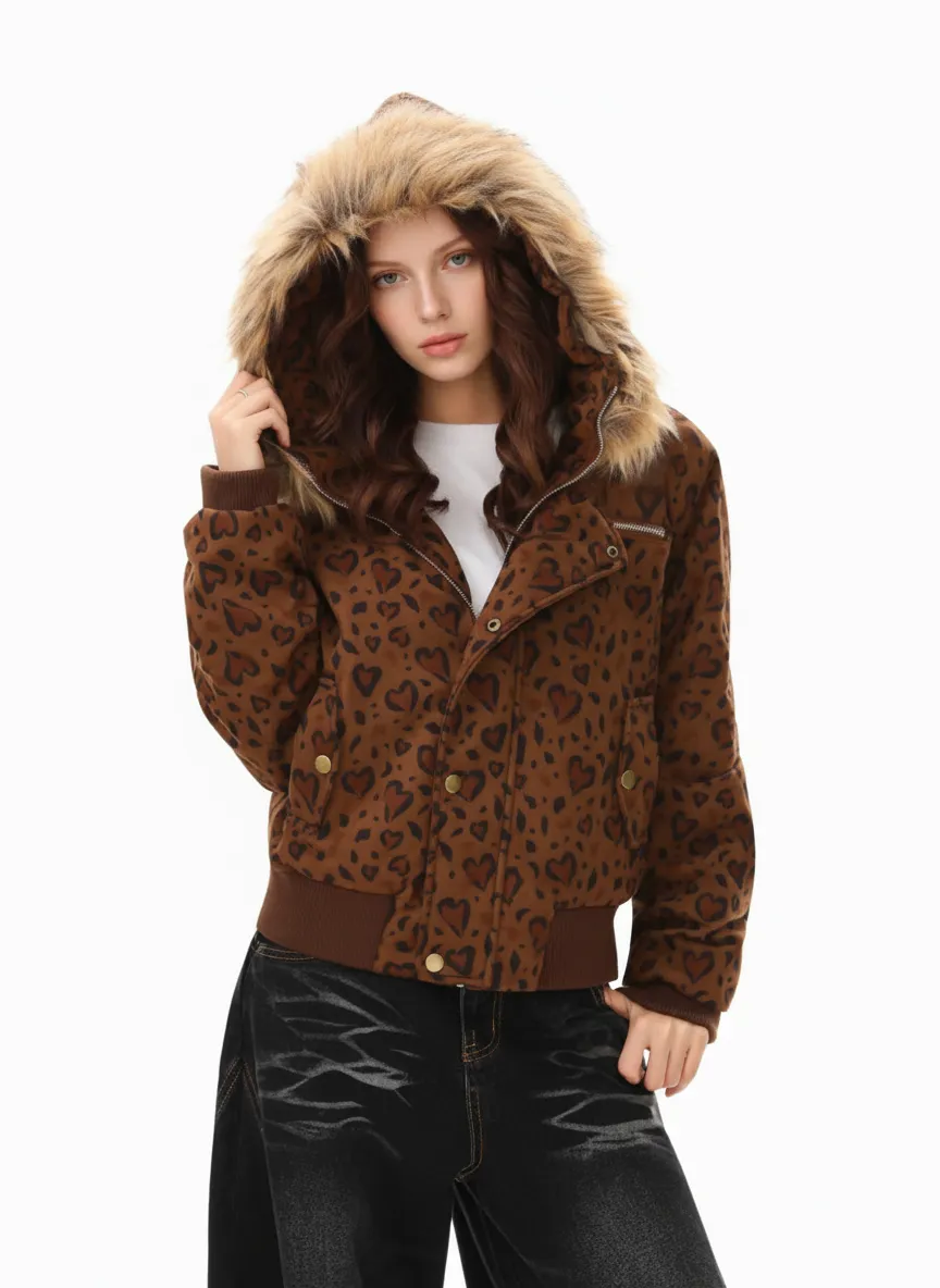 Detachable Fur Collar Heart Leopard Print Bomber Jacket sold by Thesupermade product image thumbnail 2