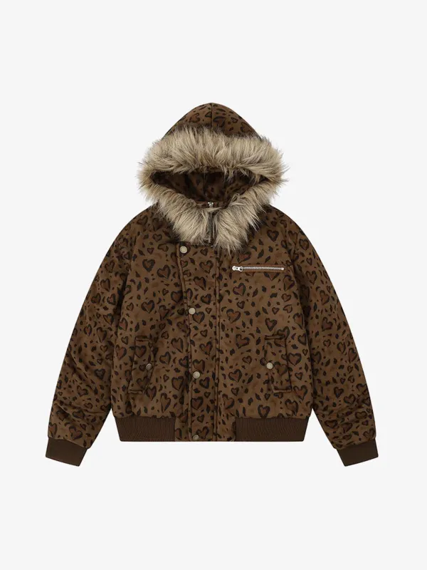Detachable Fur Collar Heart Leopard Print Bomber Jacket sold by Thesupermade