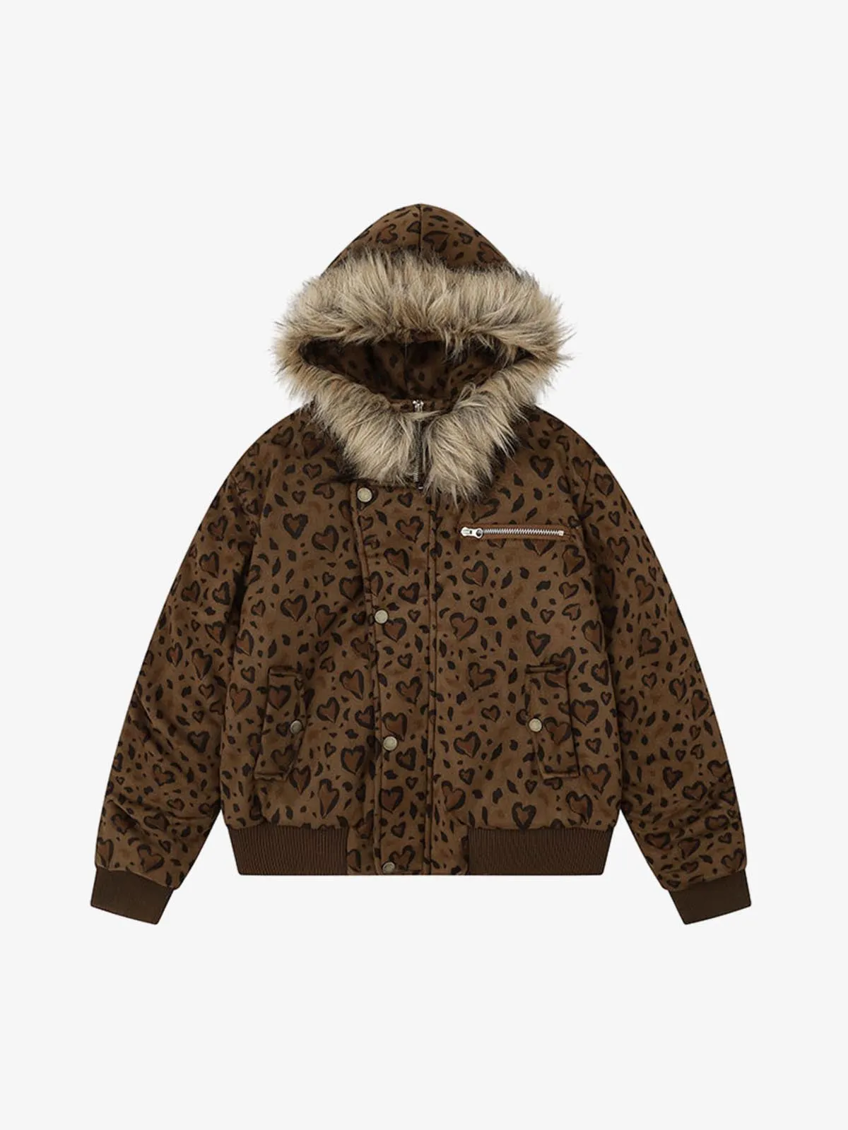 Detachable Fur Collar Heart Leopard Print Bomber Jacket sold by Thesupermade