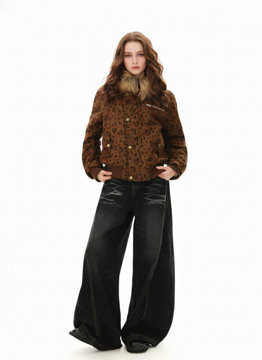 Detachable Fur Collar Heart Leopard Print Bomber Jacket sold by Thesupermade product image thumbnail 5