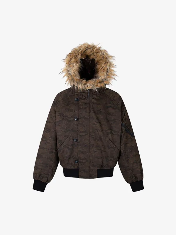 Camouflage Print Detachable Fur Hood Bomber Jacket sold by Thesupermade