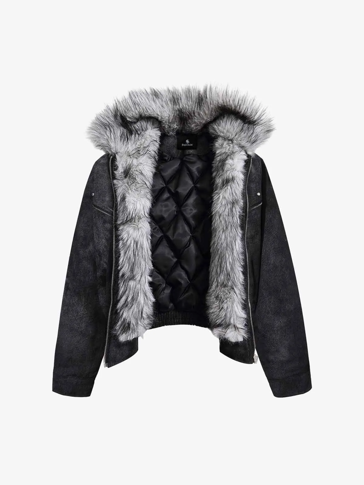 Fur Collar Moto-Style Zip Up Bomber Jacket sold by Thesupermade product image thumbnail 2