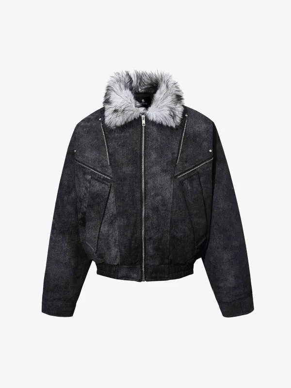 Fur Collar Moto-Style Zip Up Bomber Jacket sold by Thesupermade