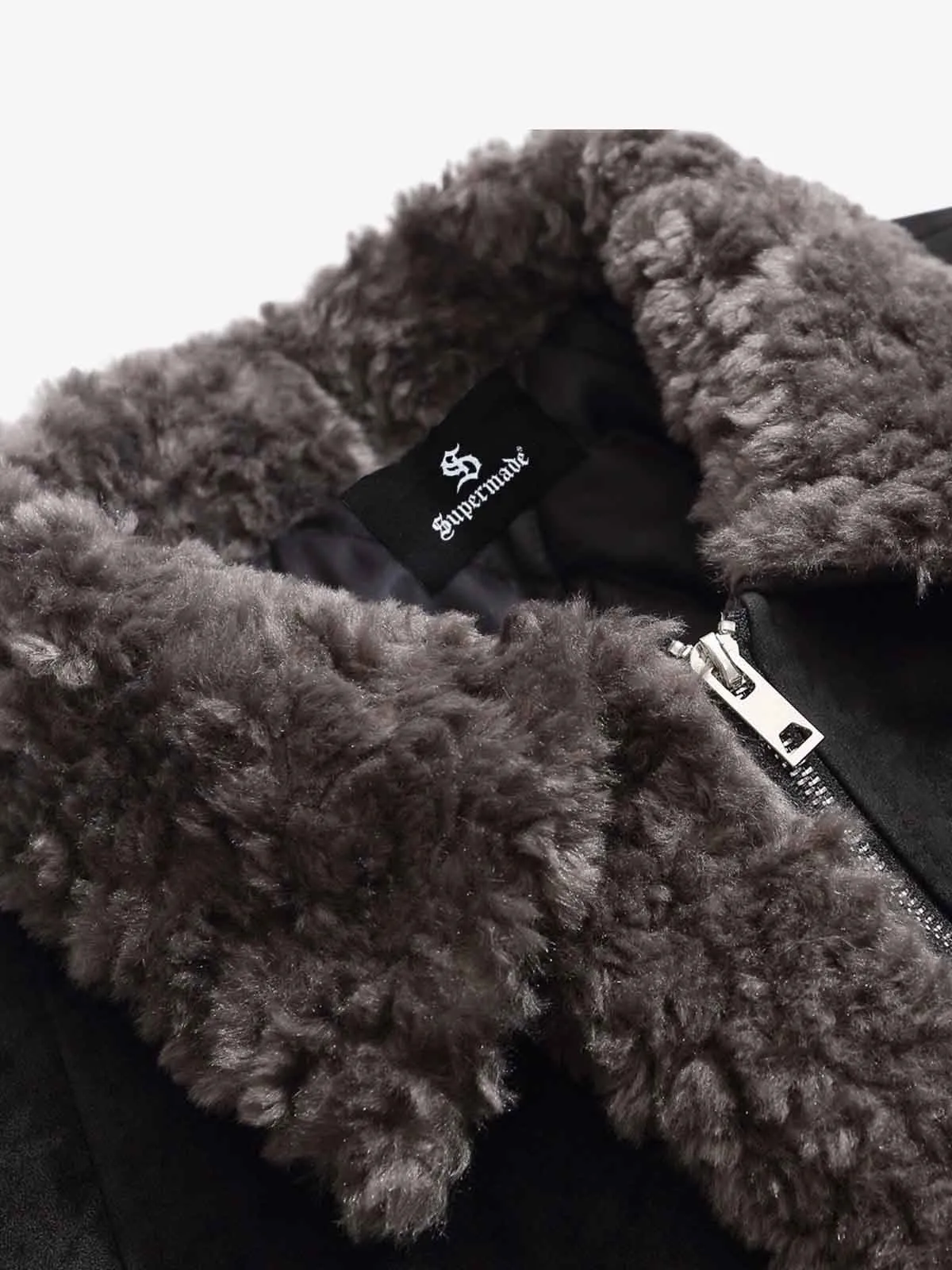 Retro Suede Texture Shearling Collar Fleece Bomber Jacket sold by Thesupermade product image thumbnail 5