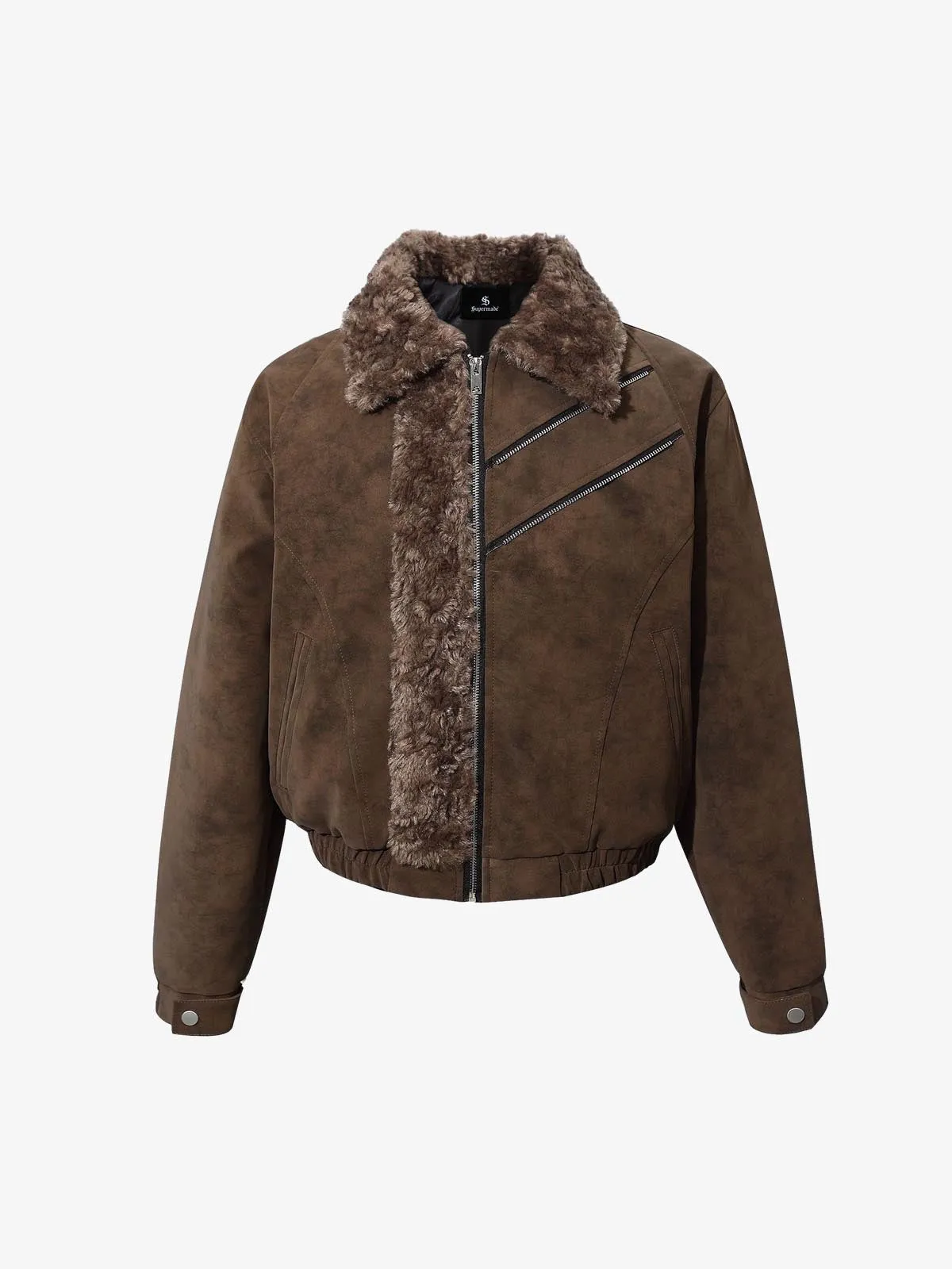 Retro Suede Texture Shearling Collar Fleece Bomber Jacket sold by Thesupermade product image thumbnail 2
