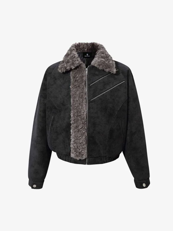 Retro Suede Texture Shearling Collar Fleece Bomber Jacket sold by Thesupermade