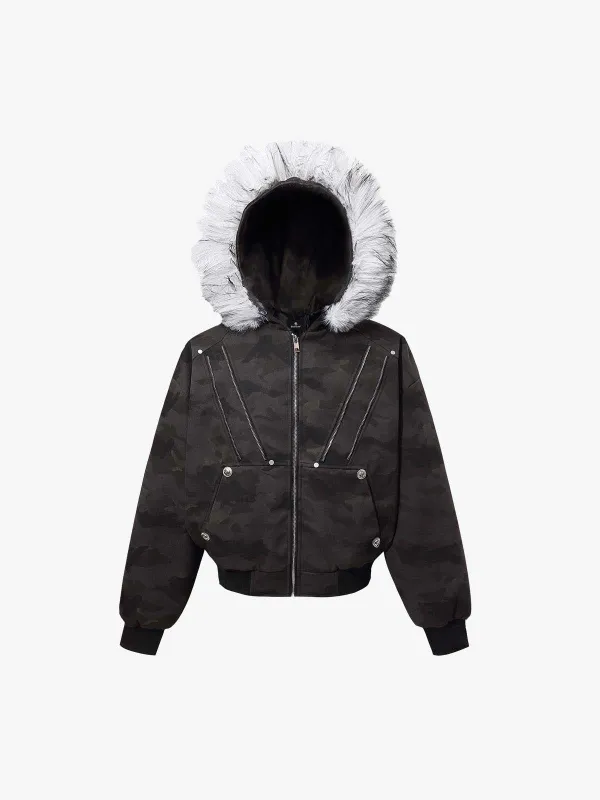 Camoflage Faux Fur Collar Zip Design Bomber Jacket sold by Thesupermade