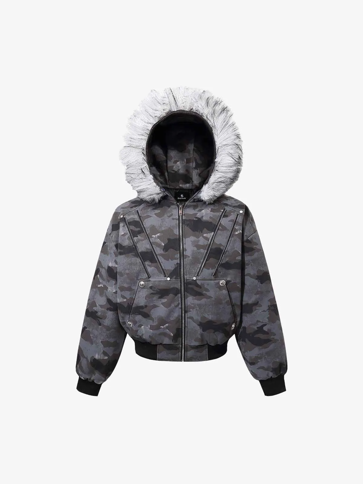 Camoflage Faux Fur Collar Zip Design Bomber Jacket sold by Thesupermade product image thumbnail 2
