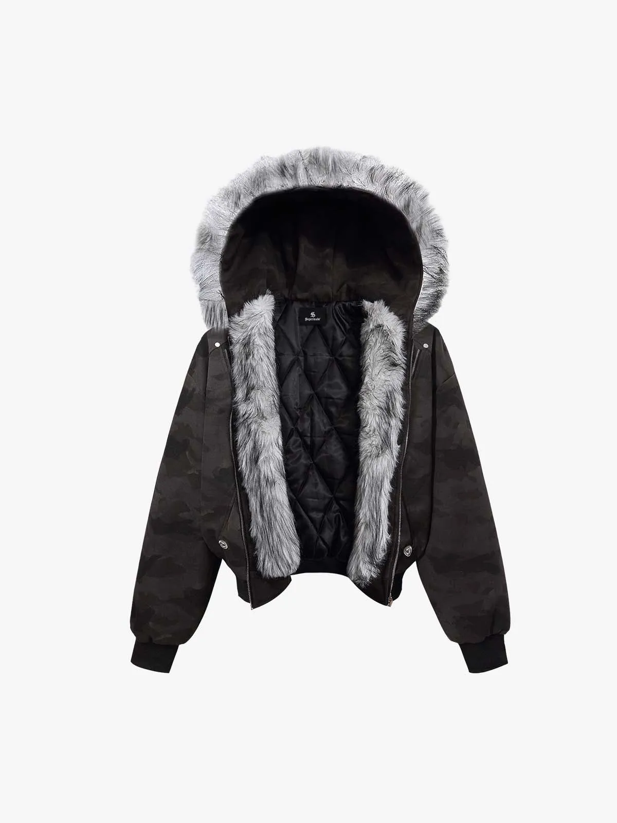 Camoflage Faux Fur Collar Zip Design Bomber Jacket sold by Thesupermade product image thumbnail 3