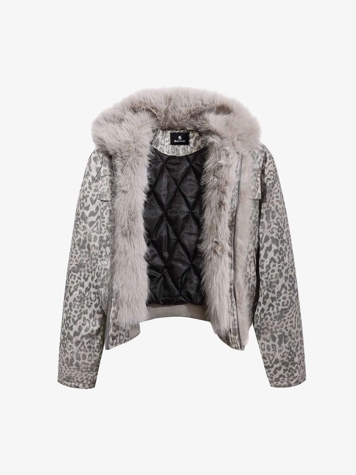 Vintage Leopard Fleece Faux Fur Collar Panel Trim Padded Jacket sold by Thesupermade product image thumbnail 3