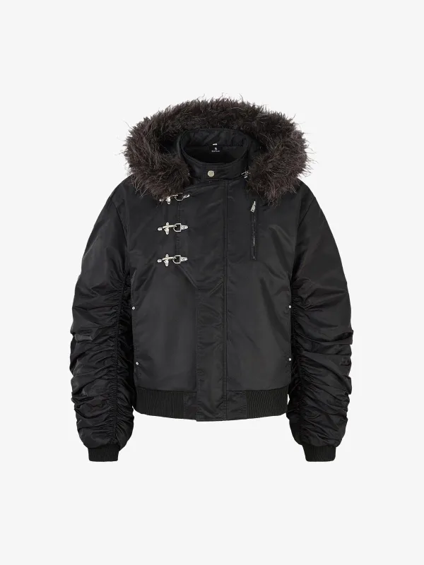 Detachable Faux Fur Collar Ruched Sleeve Bomber Jacket sold by Thesupermade