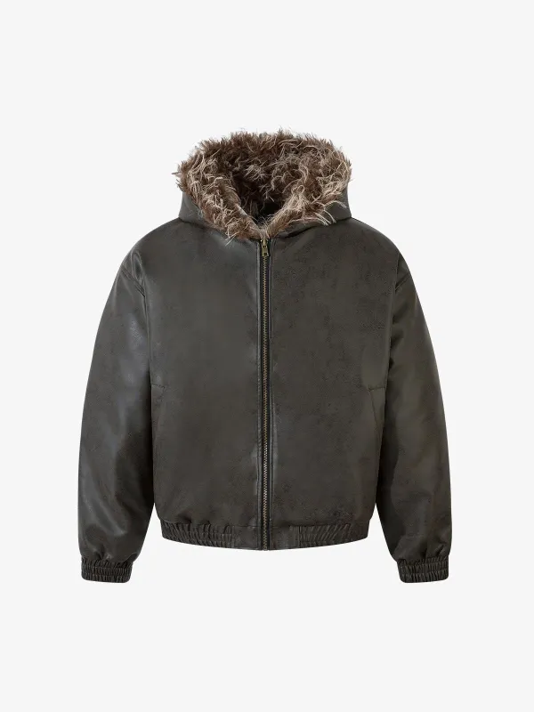 Vintage Faux Fur Hood Lined PU Zip Up Bomber Jacket sold by Thesupermade
