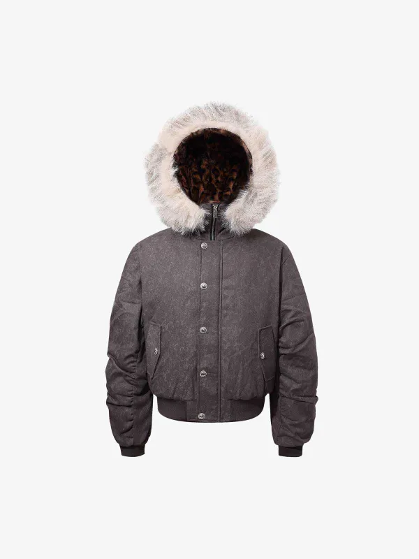 Leopard Panel Fur-Trim Hooded Bomber Jacket sold by Thesupermade