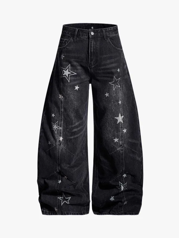 Vintage Star Print Washed Barrel Jeans sold by Thesupermade