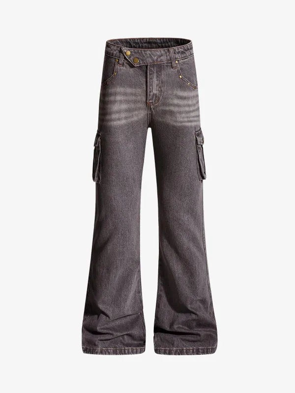 Retro Faded Multi-Pocket Flared Cargo Jeans sold by Thesupermade