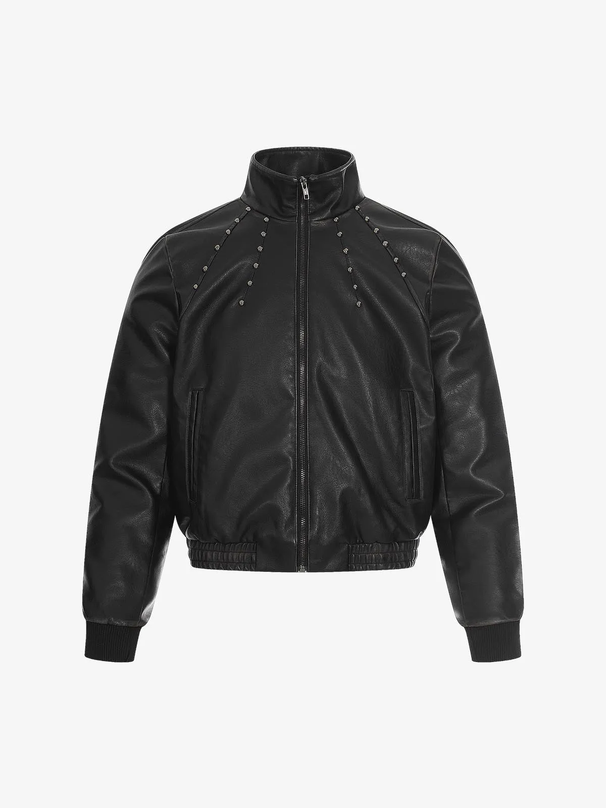 Studded High-Neck Faux Leather Jacket sold by Thesupermade