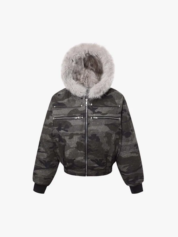 Vintage Camo Faux Fur Hood Padded Bomber Jacket sold by Thesupermade
