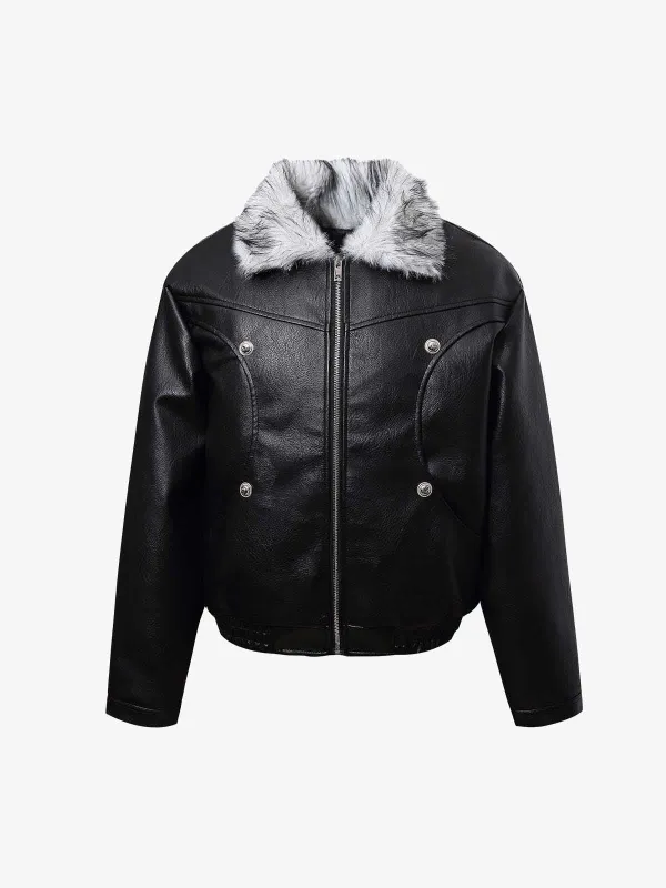 Street Fur-Trim Collar Leather Bomber Jacket sold by Thesupermade