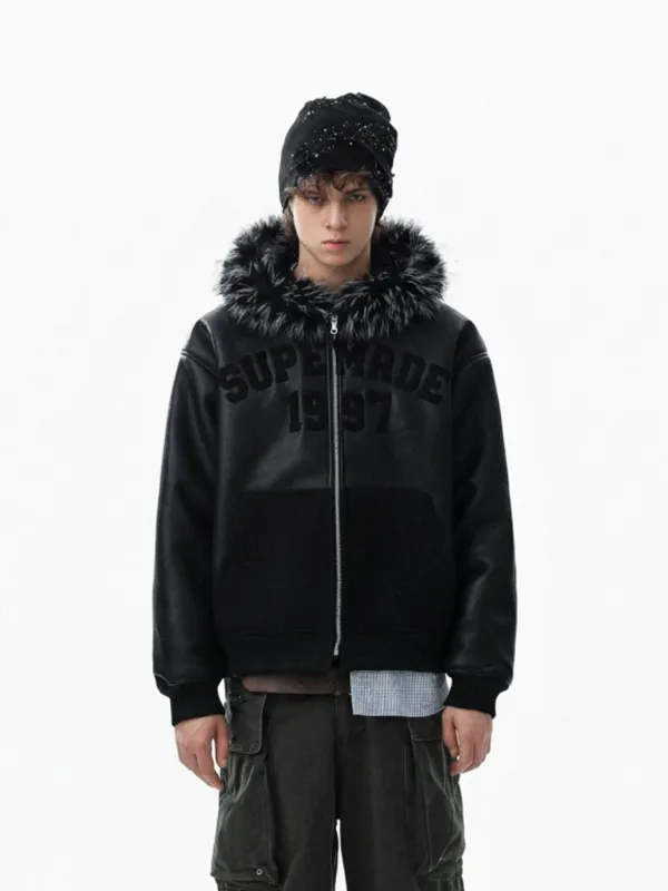 PU Leather Faux Fur Hooded Trim Fleece Spliced Zip Up Jacket sold by Thesupermade