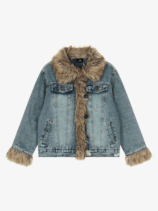Vintage Faux Fur Trim Washed Padded Denim Jacket sold by Thesupermade