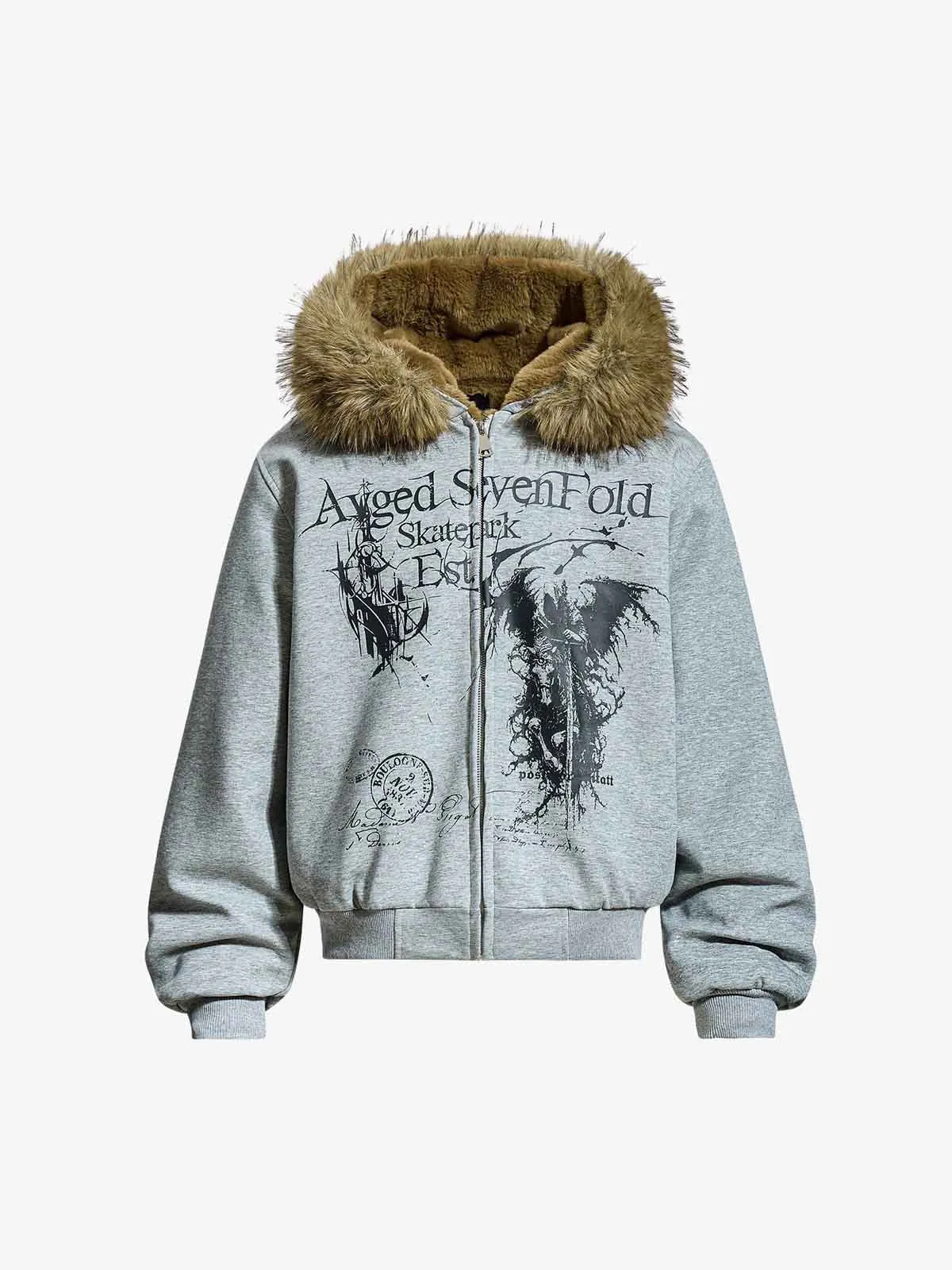 Detachable Fur Collar Gothic Graphic Fleece Lined Zip Up Hooded Jacket sold by Thesupermade product image thumbnail 5